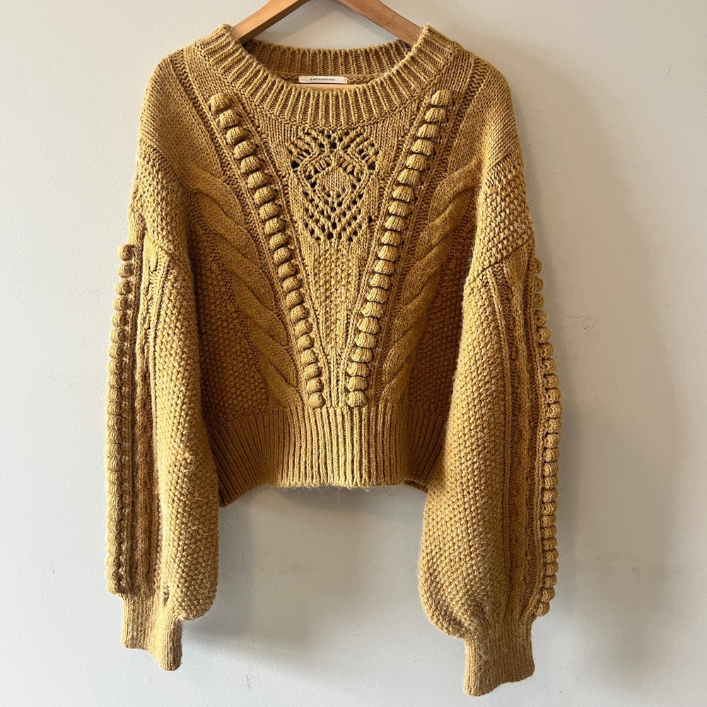 Anthropologie Mustard Yellow Cable Knit Crewneck Sweater XL